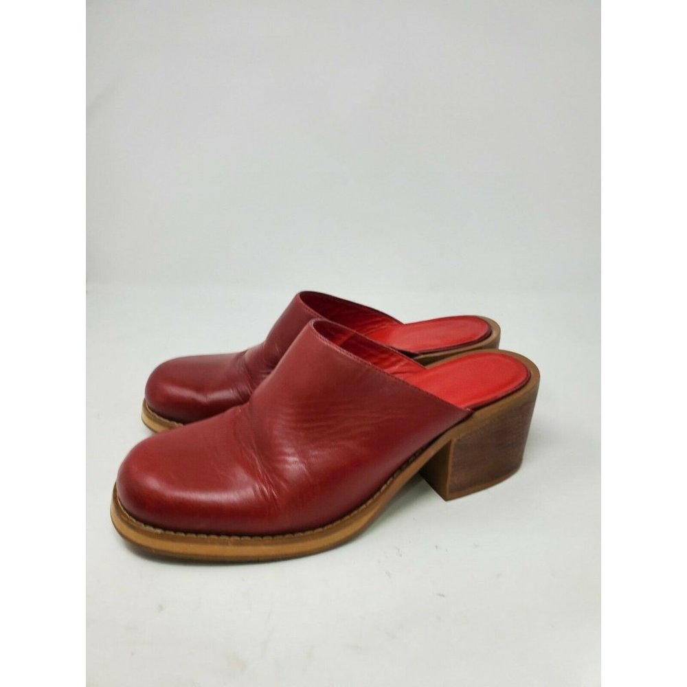 Vintage 90s Red Leather Chunky Mule Size 9 Slide Stacked Heel Boho Clog